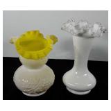 Glassware, two milk glass vases, one with grape