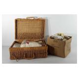 Sewing/knitting supplies and picnic basket,