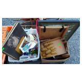 Home decor, glassware, metal trays, chair, quilt,