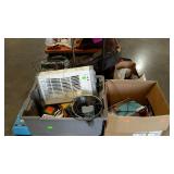 Skid lot: floor lamps, heater, luggage, booster