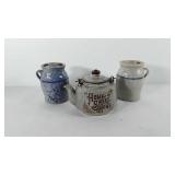 Pottery, two stoneware churns and a teapot,
