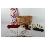 Wicker basket with textiles, includes pot
