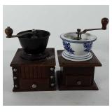 Two coffee grinders, one has porcelain top, 6.5"