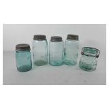 Five blue glass Mason jars, includes Ball perfect