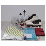 Miscellaneous group, ice skates, candle holders,