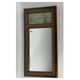 Early oak mirror with reverse painted glass farm