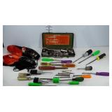 Tools, socket wrench set, screw drivers, mostly