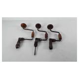 Tools, three hand drills with wooden handles
