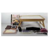 Lap desk and office supplies, includes paper,