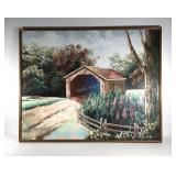 Covered bridge painting on canvas, signed, framed