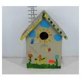 Finger painted wooden birdhouse, 11" × 7.5" ×