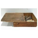 Wooden slide top box with older flatware and small
