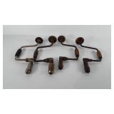 Tools, four hand drills with wooden handles