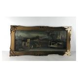Early reverse glass painting, Asian lake scene,