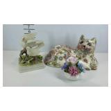 Ceramic cat, Towle floral arrangement and dove