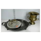 Brass urn, silver plate baby cups and rattle, 3