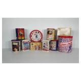 Cracker Jack advertising group lot: tins. Clock