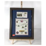 WWII commemorative stamps and postmarks, framed