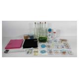 Crafting group, includes glass bottles with cork,