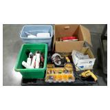 Skid lot of hardware and tools. Drills and