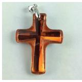 Orange pearl glass cross pendant Sterling silver