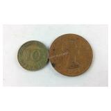 Coins, German 1950 10 pfennig and 1964 English