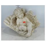 Angel in clam shell poly statue, 19" × 12" × 14"