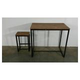 Two wood-look lightweight metal frame tables,