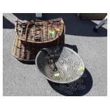 2 piece lot colander and wicker fish creel b