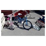 3 piece lot: Snowboard, 2 Huffy bicycles