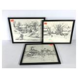 Three sketch prints. Two are by Leslie Cope and
