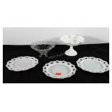Glassware, three milk glass plates, milk glass