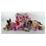 Fabric storage bin full of toys, includes stuffed