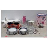 Glassware group, tumblers, plates, University of