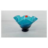 Glassware, blue glass bowl with white edge, 6" x