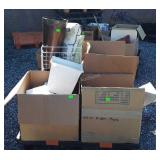Skid lot: brass chandelier,  pillows,  trash can,