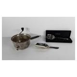 Kitchenwares, flour sifter, Towle serving fork,
