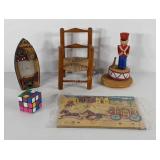 Toys, doll chair, nutcracker music box,