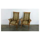 Two upholstered wood frame arm chairs, need