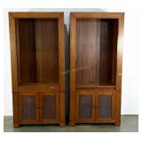 Pair of book shelves with wicker accent doors,