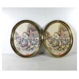 Pair of cottage pictures with oval poly frames,