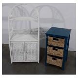 Two pc lot, white wicker bathroom shelf 41" high,