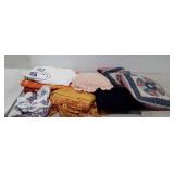 Linens, pillows, crocheted pillow, beach towels,
