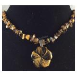 Tigers eye carved floral necklace 20in stainless