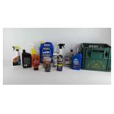 Bottles of motor oil, antifreeze, bed bug killer,