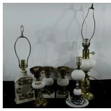 Table lamps, hobnail milk glass and ceramic,