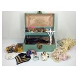 Jewelry box with jewelry, pins, match etc