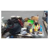 Skid of: tires,, suitcase, canning jars, baskets,
