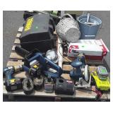 Skid of: and Ryobi tools chainsaw drill battery