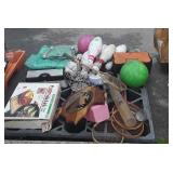 Skid of bowling balls and pins, rackets, hunting